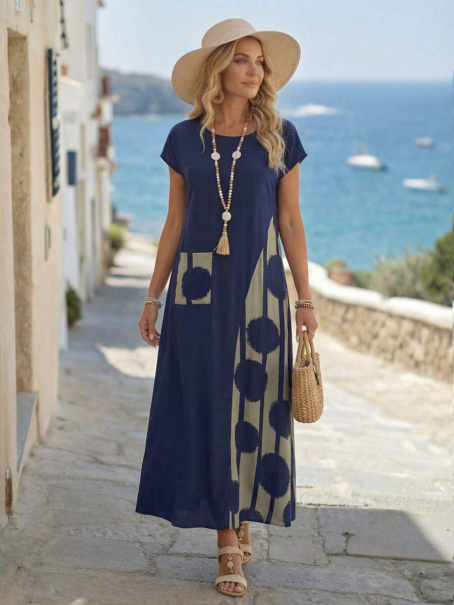 Navy casual maxi dress front view with cream abstract side print