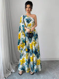 Vacation styling view of long floral dress with flared hem