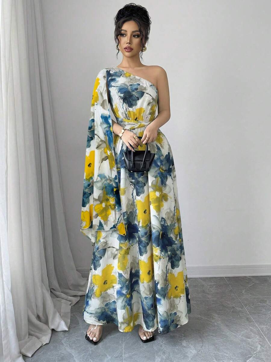 Vacation styling view of long floral dress with flared hem