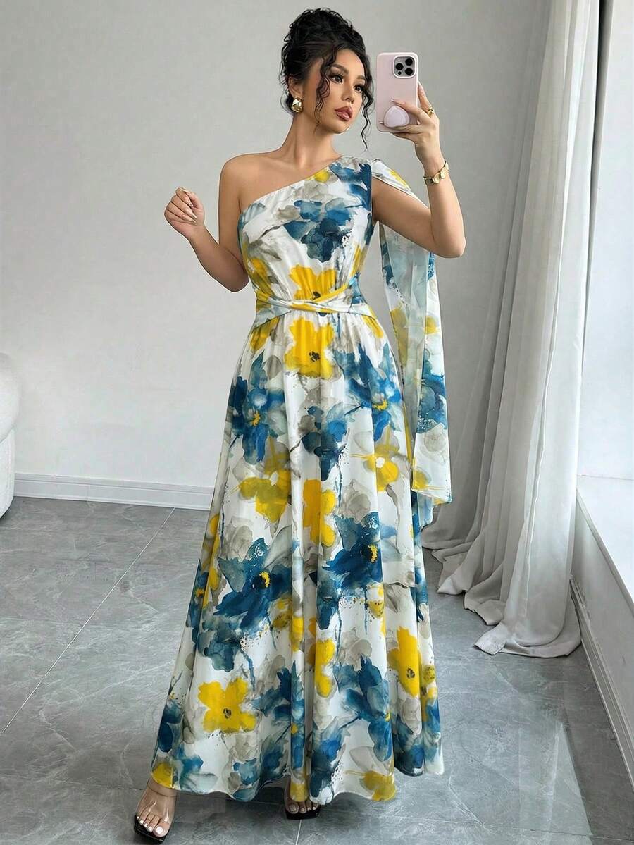 Final angle view of long floral dress for formal evenings