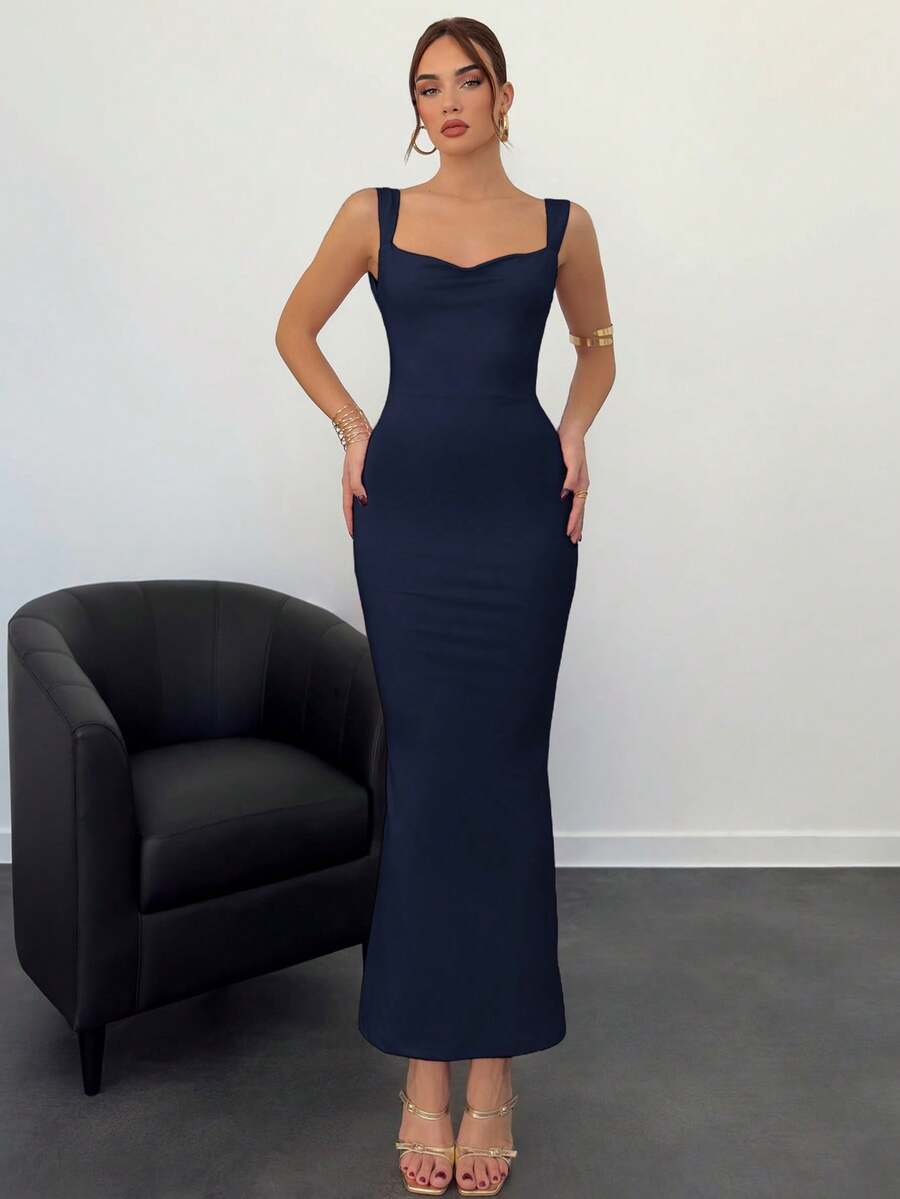 Navy cowl neck maxi dress with side cutouts