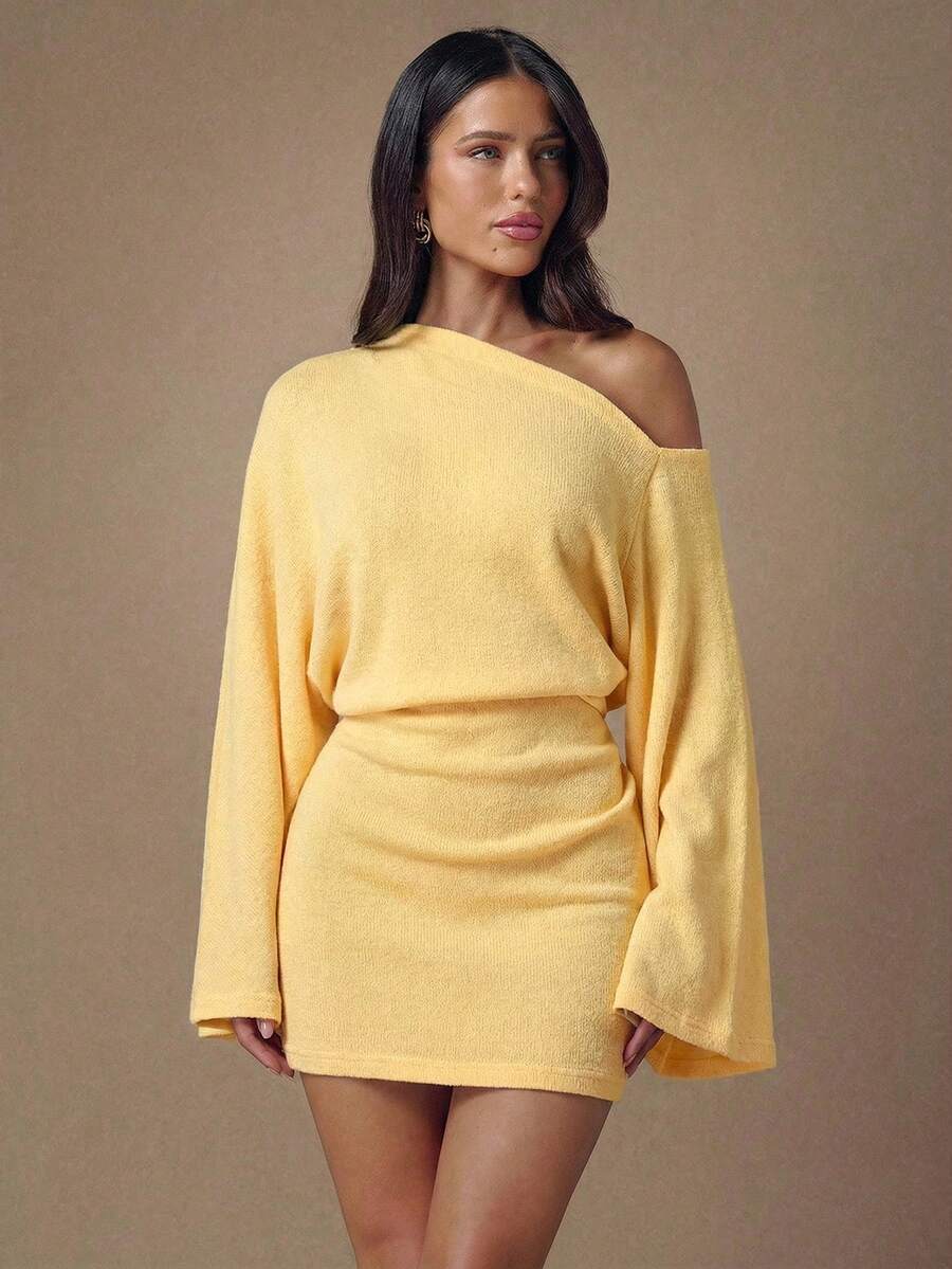 Yellow one-shoulder mini dress with flared sleeves