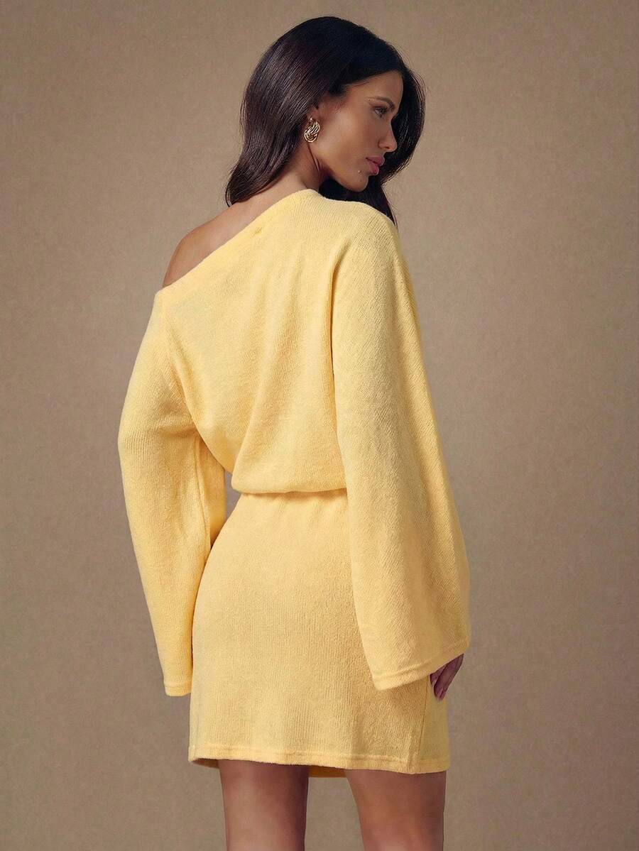 Yellow asymmetric knit dress back view