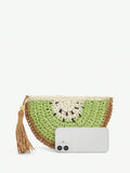 Multicolor fruit-themed straw bag shown from the front