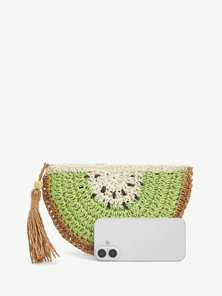Multicolor fruit-themed straw bag shown from the front