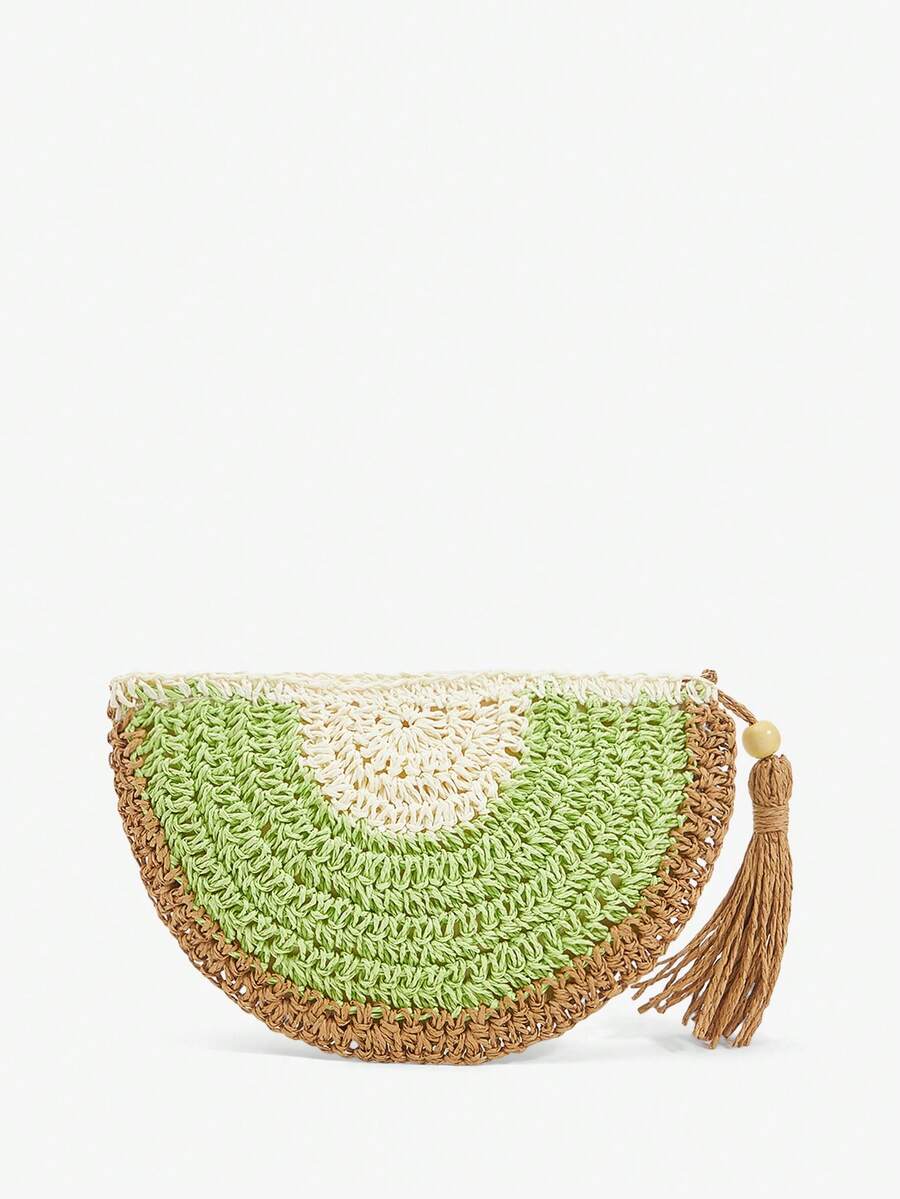 Front view of fruit-shaped straw clutch bag for summer vacations