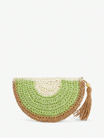 Front view of fruit-shaped straw clutch bag for summer vacations