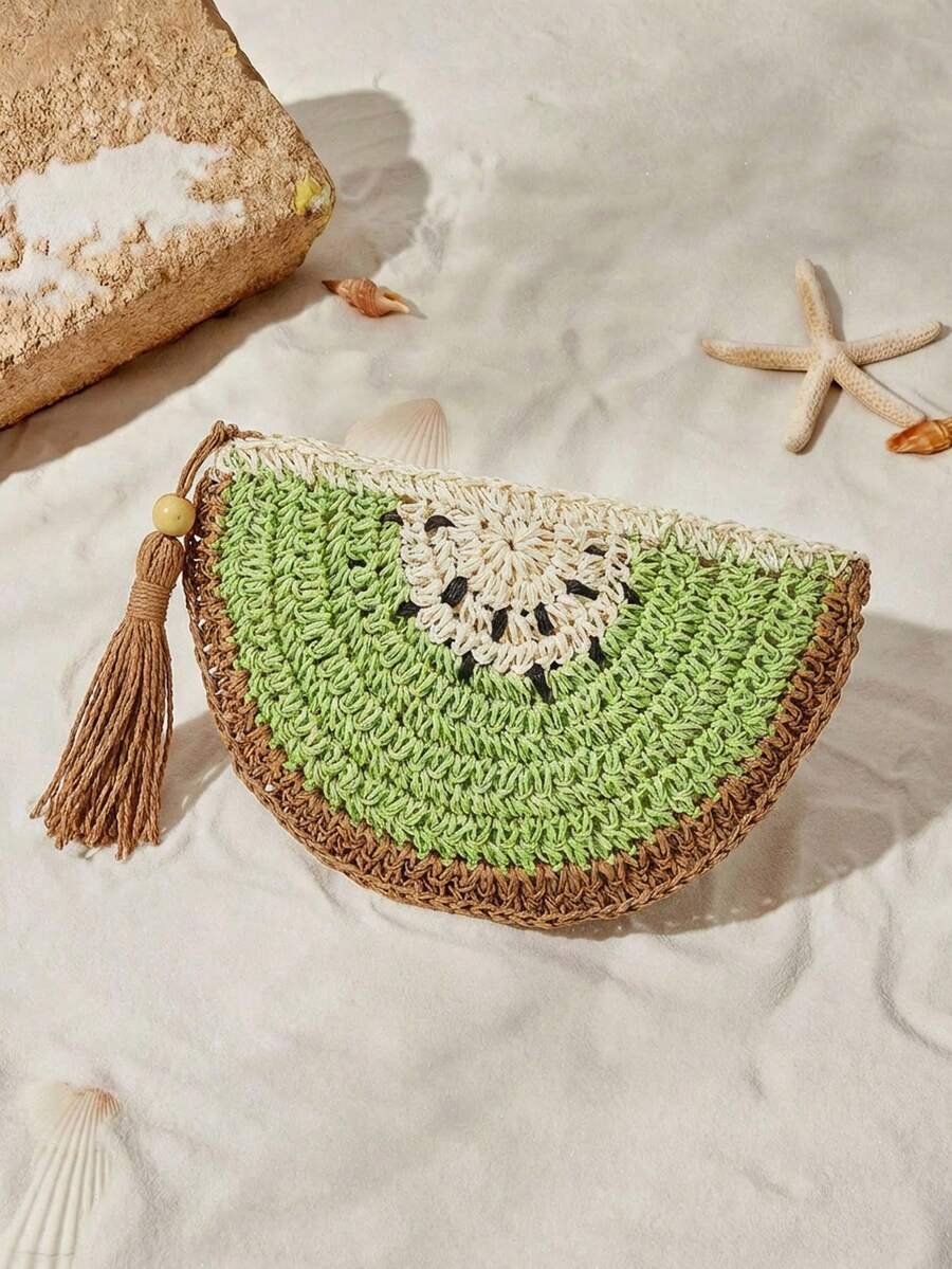 Beach holiday look with playful women's straw clutch bag