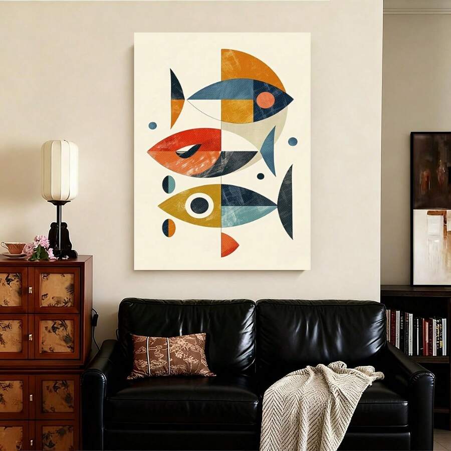 Colorful geometric fish canvas print in a light frame above a living room sideboard
