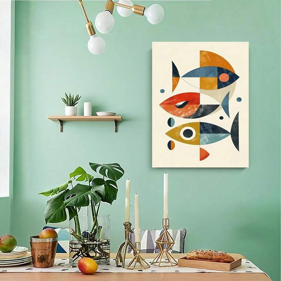 Colorful geometric fish canvas print in a light frame above a living room sideboard
