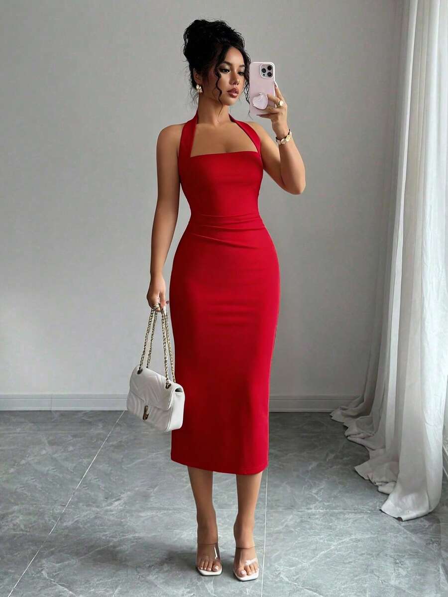 Red halter bodycon midi dress front view