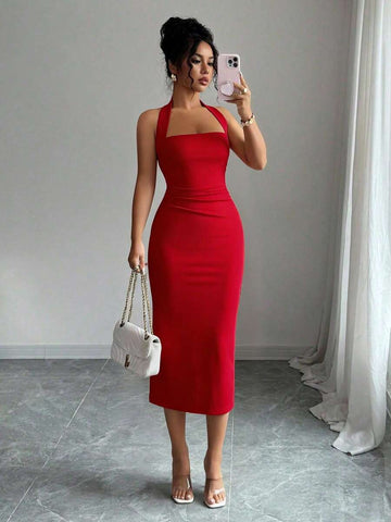 Red halter bodycon midi dress front view