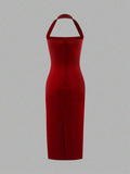 Red solid bodycon midi dress side view