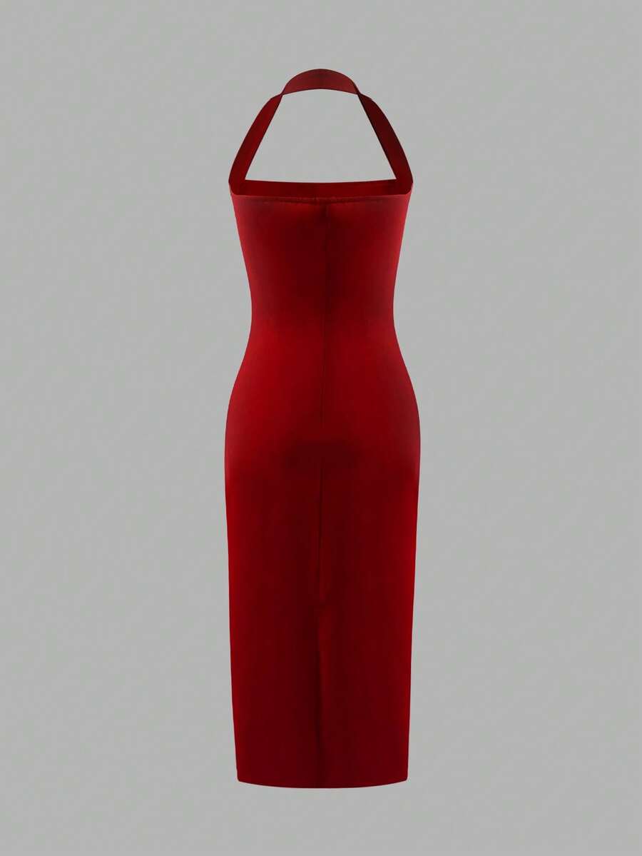 Red solid bodycon midi dress side view