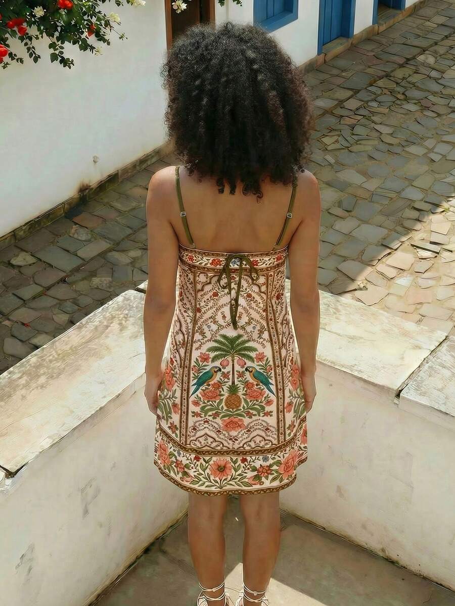 Front view of boho botanical print spaghetti strap mini sundress with visible color, print, and silhouette