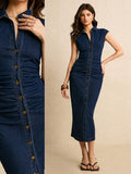 Dark indigo denim shirt midi dress with front buttons