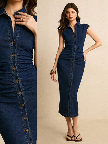 Dark indigo denim shirt midi dress with front buttons