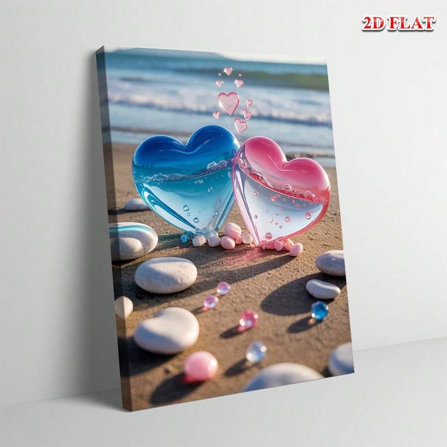 Romantic beach hearts 2D flat canvas wall art with ocean waves