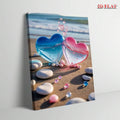 Romantic beach hearts 2D flat canvas wall art with ocean waves