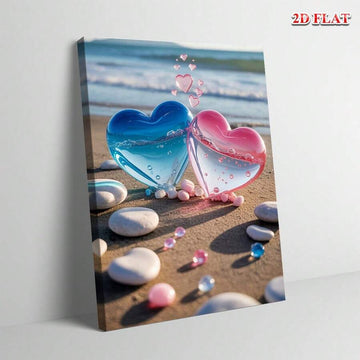 Romantic beach hearts 2D flat canvas wall art with ocean waves