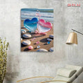Romantic coastal wall art on concrete wall beside lounge chair