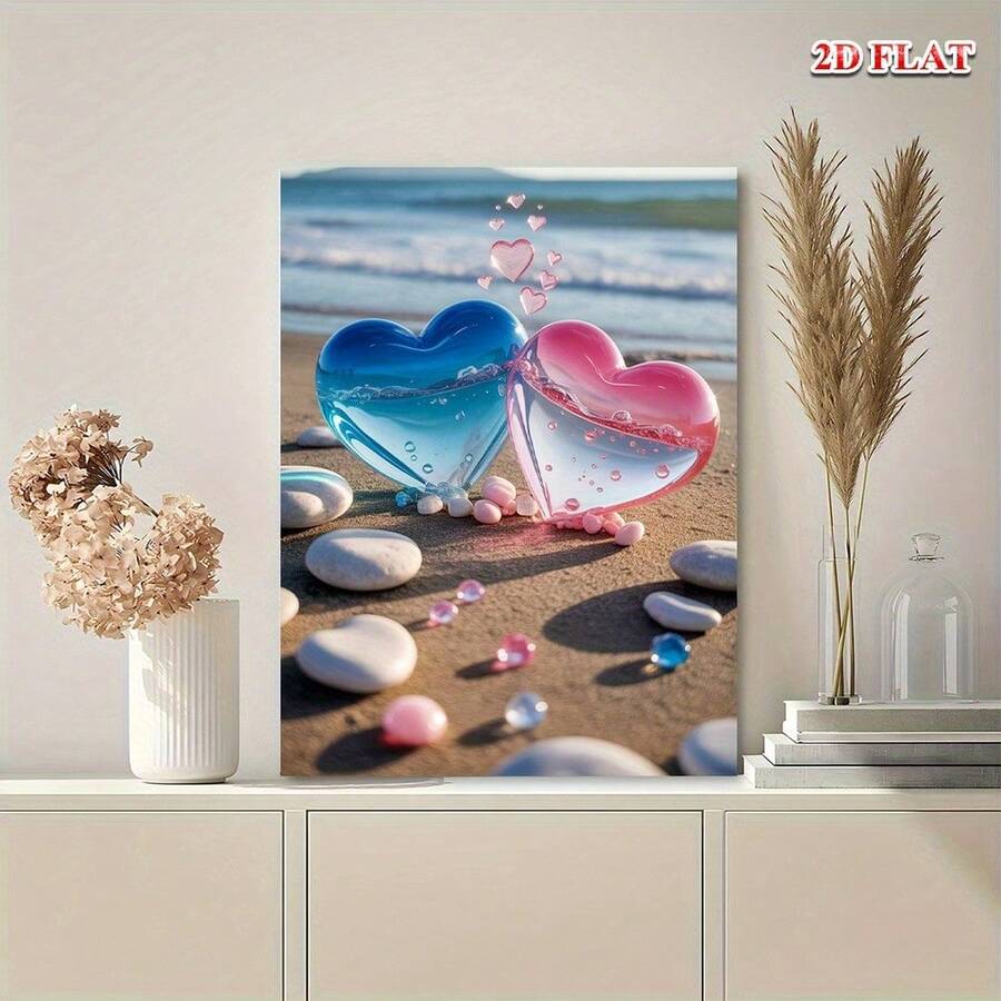 Beach hearts canvas print styled on console with flowers and books