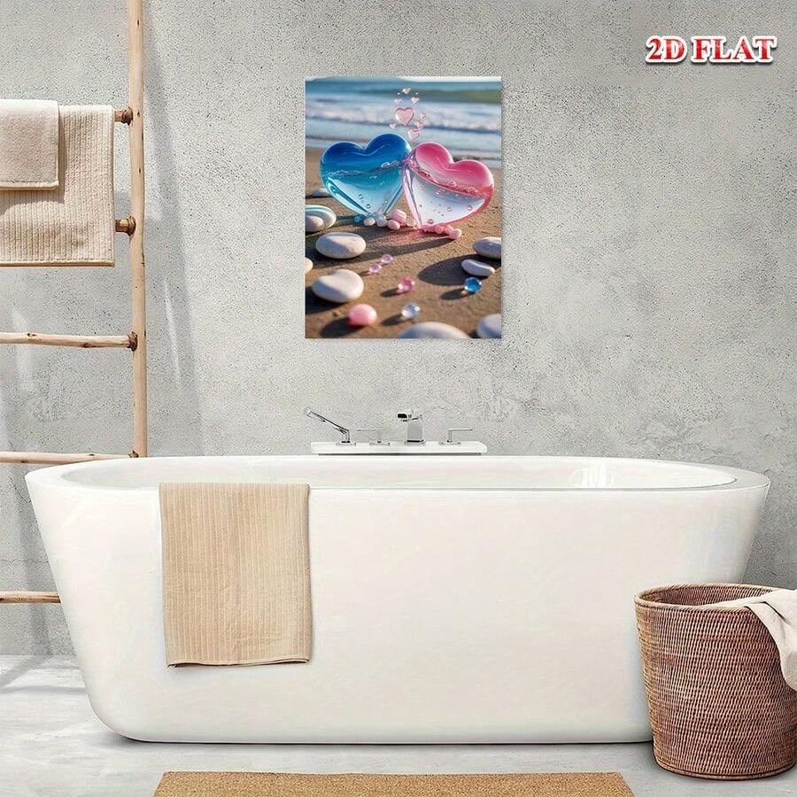 Beach hearts canvas wall art in bathroom above bathtub