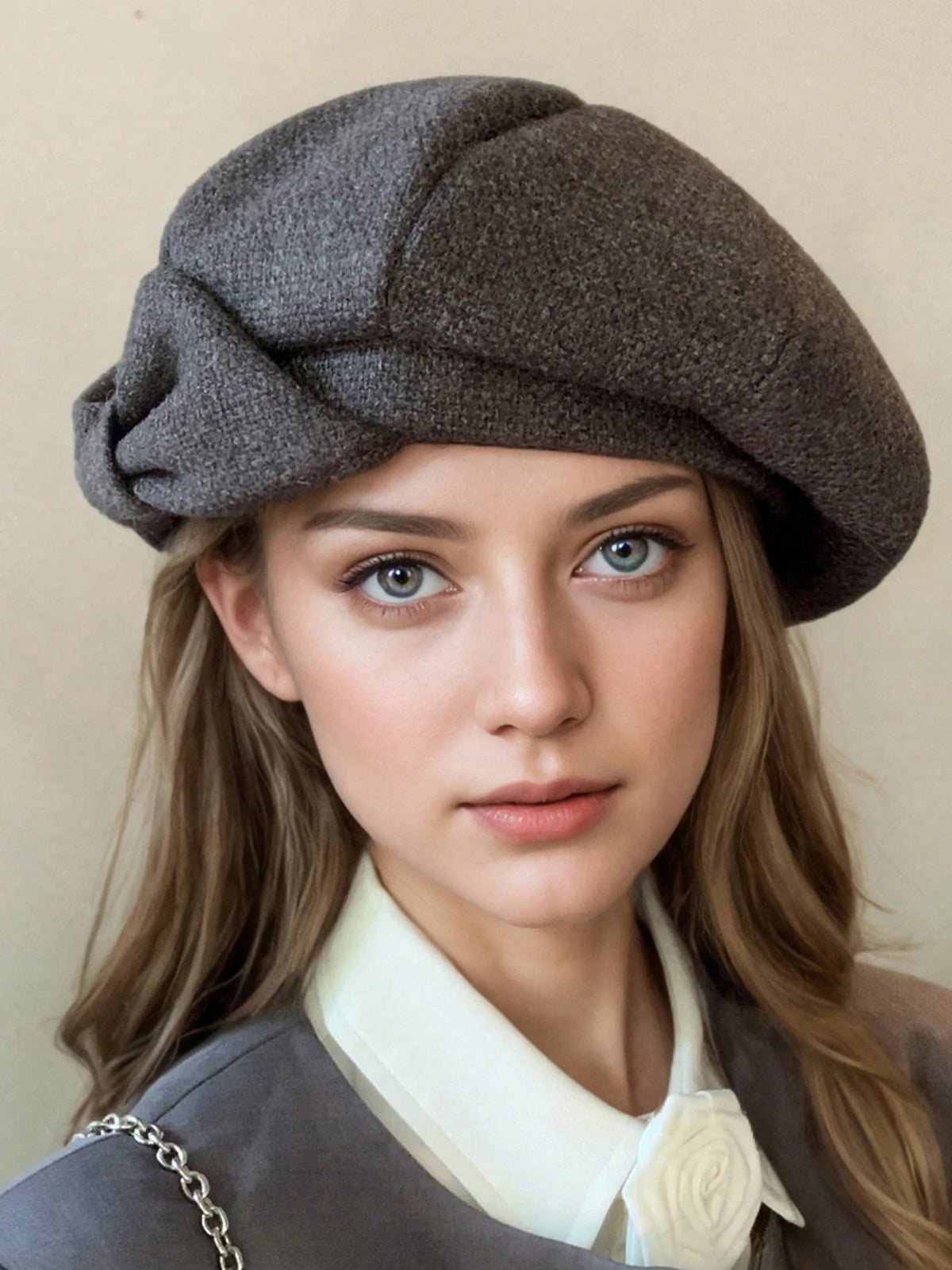 Front view of gray and dark brown beret panels with folded bow accent