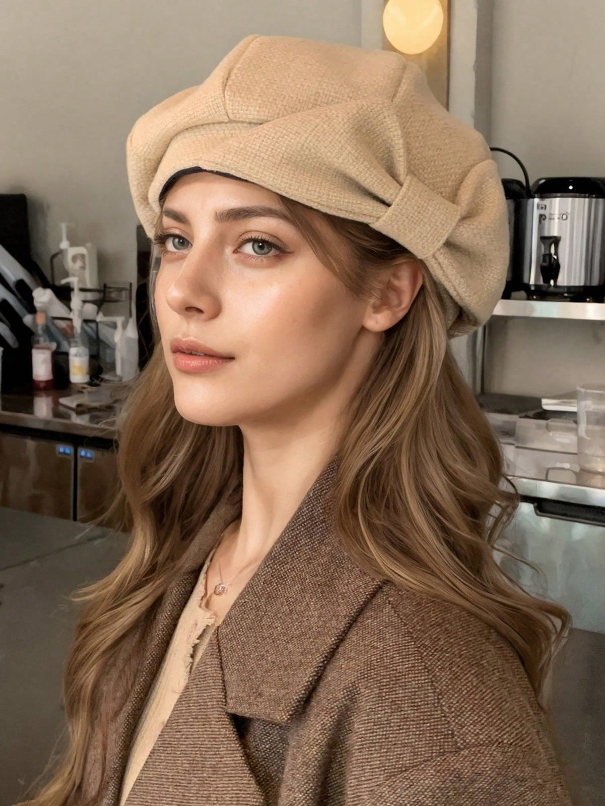 Model in beige bow beret and brown coat for cool-weather street style