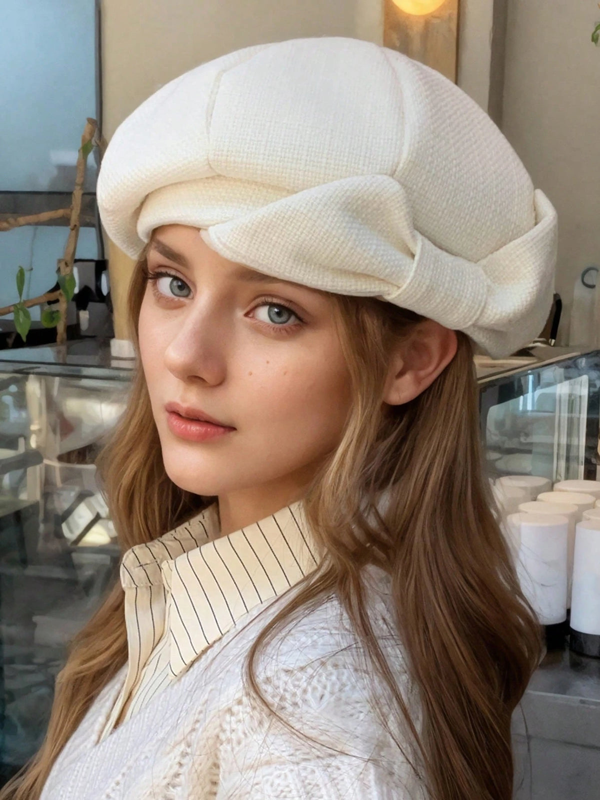 Close portrait showing cream paneled bow beret with folded front detail indoors