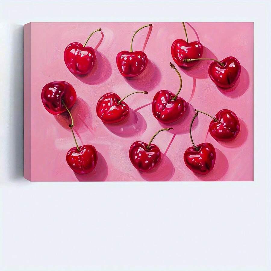 Product view of glossy red cherry canvas wall art on pink background