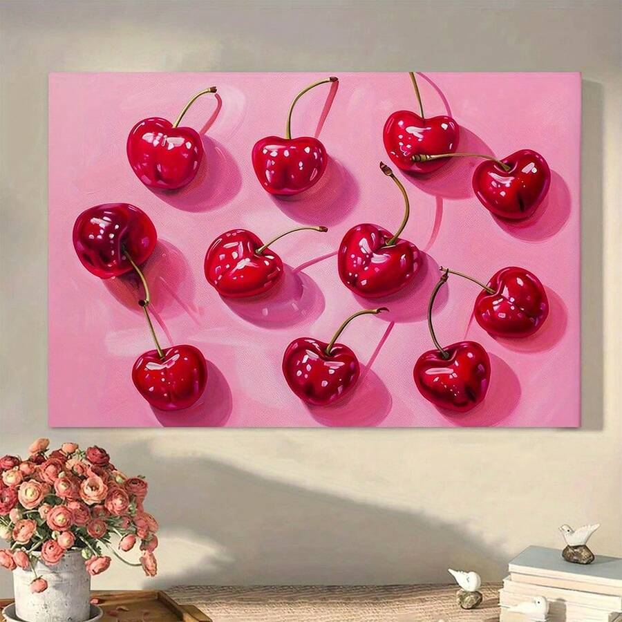 Room view of red cherry wall art above console with flowers and books