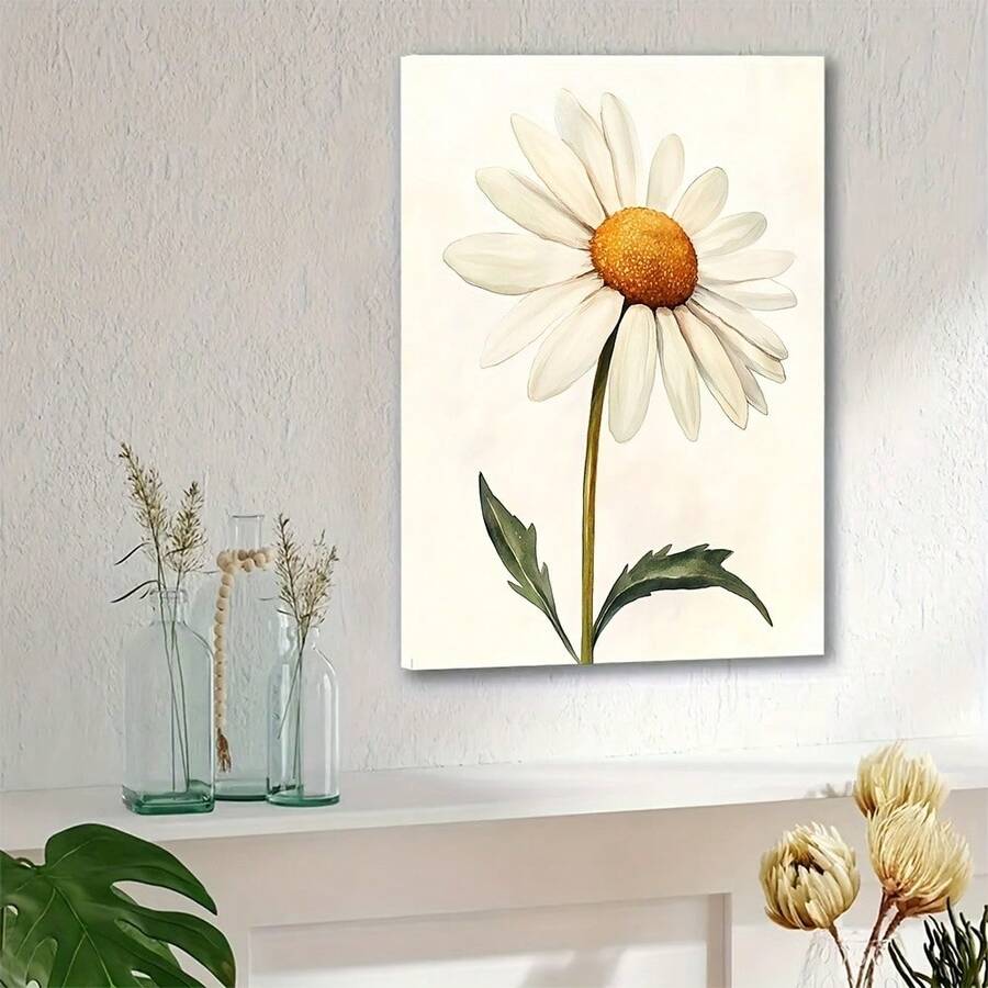 Living room vignette of vintage daisy watercolor canvas wall art on cream background