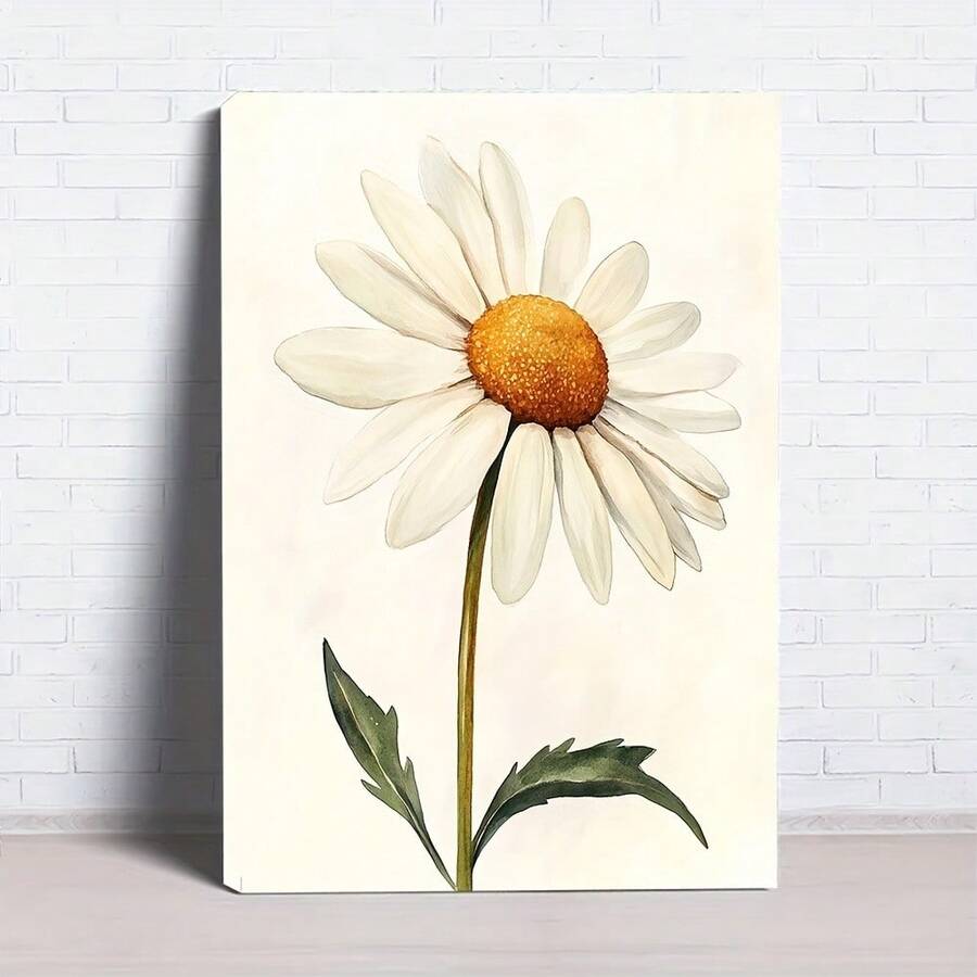Living room vignette of vintage daisy watercolor canvas wall art on cream background