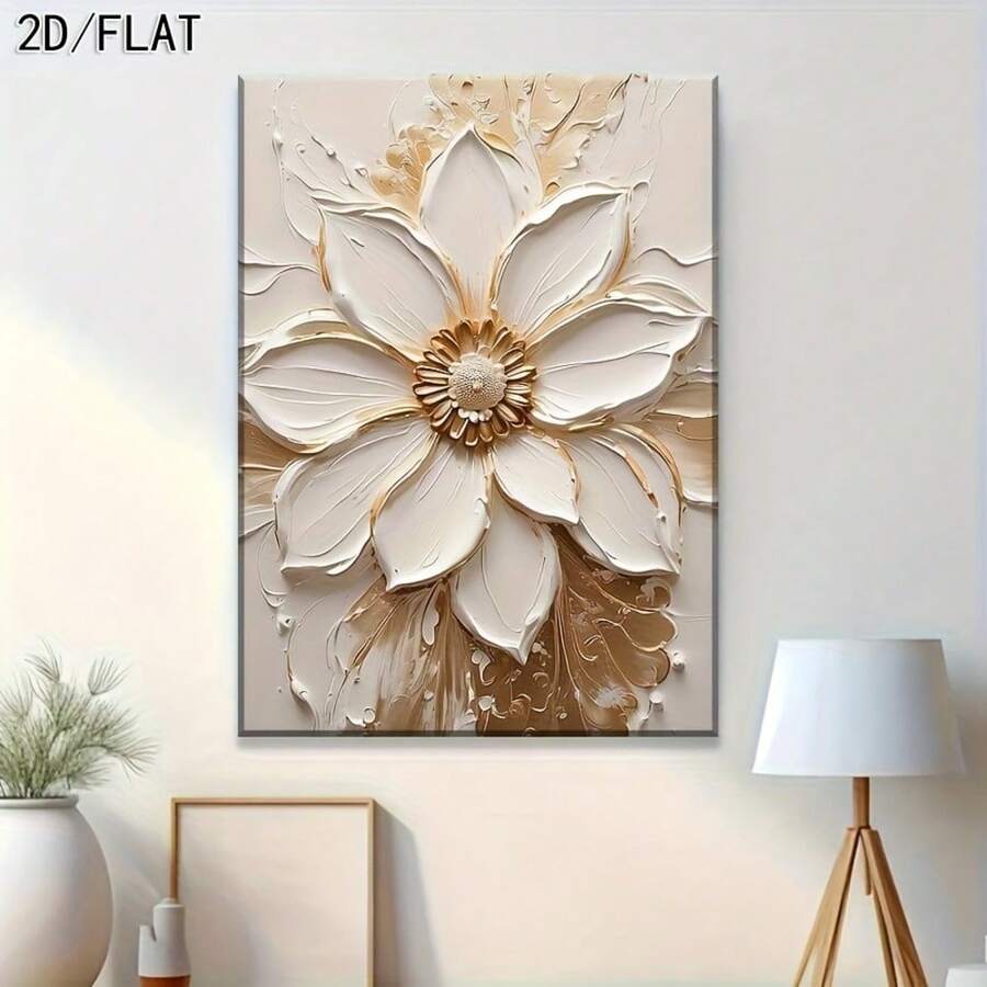 Corner room view of 2D flat white flower print with faux impasto texture effect
