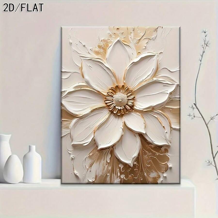Living room view of white flower canvas wall art with faux textured relief look above sofa