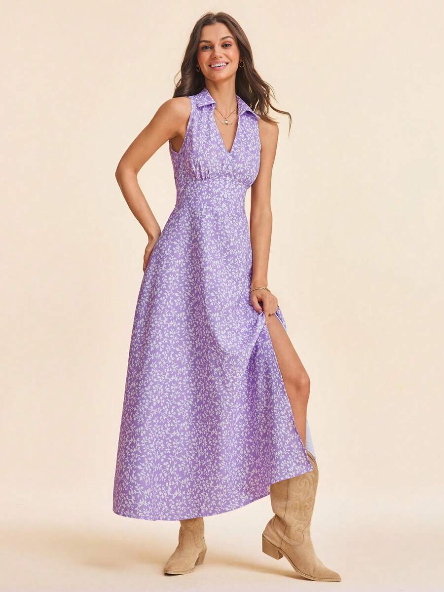 Three-quarter view of mauve purple sleeveless floral slit maxi dress