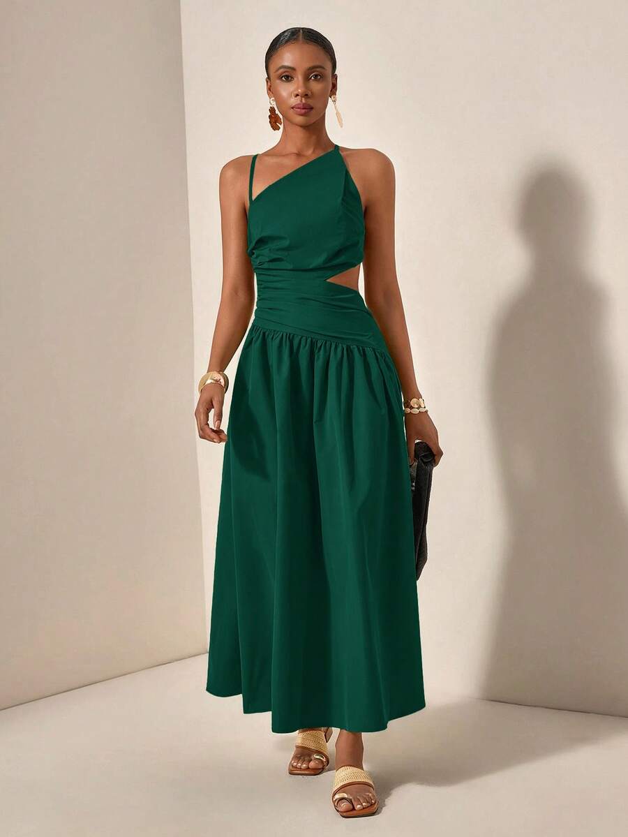 Green one-shoulder maxi dress with side cutout and full skirt