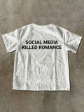 Back flat lay of white T-shirt with Social Media Killed Romance text print