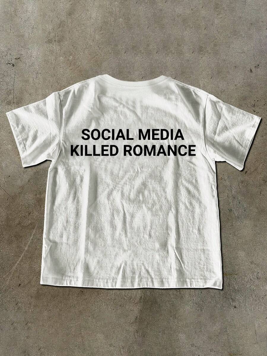 Back flat lay of white T-shirt with Social Media Killed Romance text print