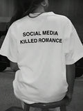 Worn back view of loose white T-shirt with Social Media Killed Romance graphic
