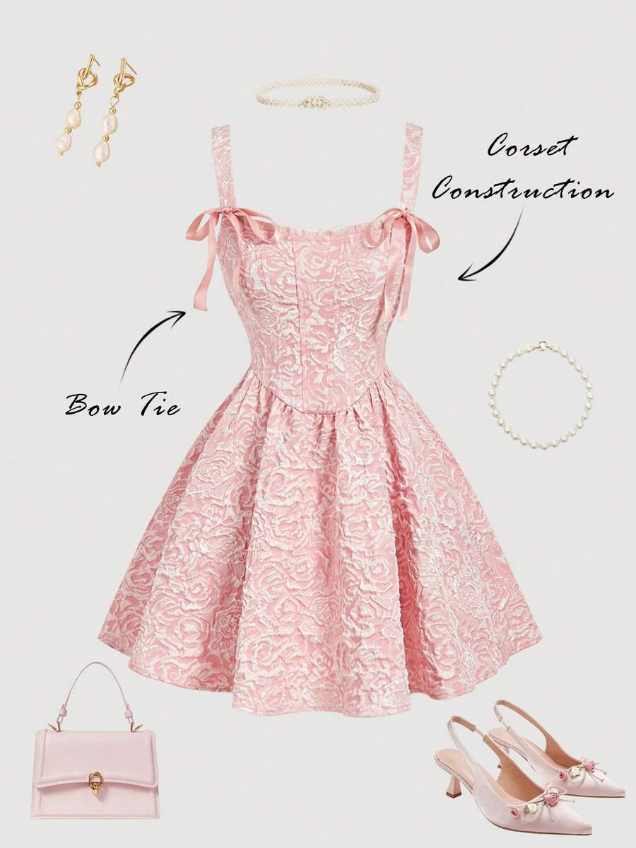 Elevate your seasonal wardrobe with this sophisticated pink jacquard cami dress, designed for those who appreciate refined elegance. The delicate bow tie detail at the neckline adds a charming focal point, while the jacquard fabric provides subtle texture and visual interest. Perfectly suited for spring and summer gatherings, this dress transitions seamlessly from daytime events to evening celebrations. The cami silhouette offers a flattering, comfortable fit that works for various body types. Ideal for wed