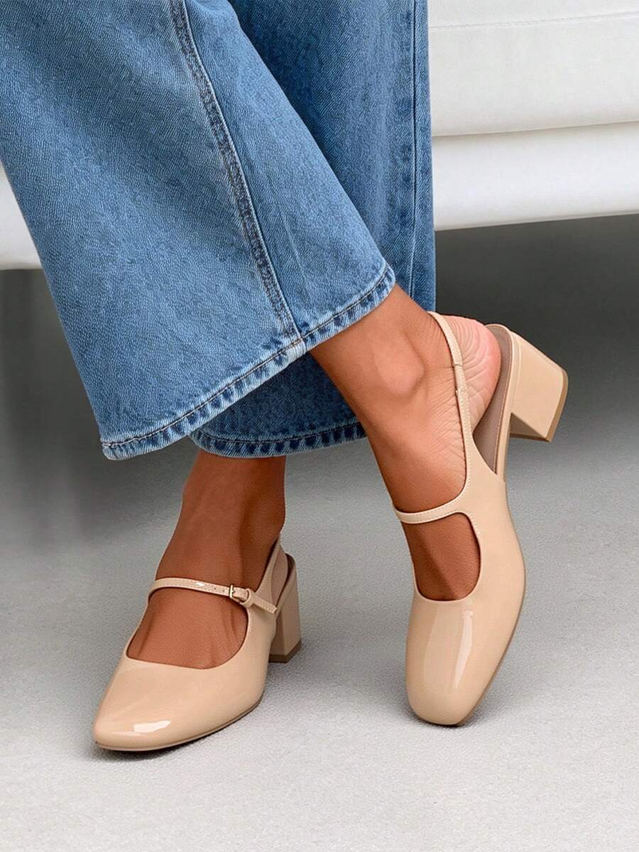 low chunky heel Mary Jane pumps image 13 showing visible heel, strap, toe, color, and material details