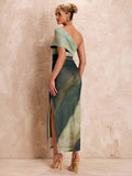 one shoulder ruched mesh ombre bodycon maxi dress with asymmetric neckline, cap sleeve drape, sheer mesh overlay, lined mini layer, high side slit and fitted column silhouette in pink, green and cream orange variants image 5