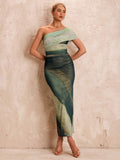 one shoulder ruched mesh ombre bodycon maxi dress with asymmetric neckline, cap sleeve drape, sheer mesh overlay, lined mini layer, high side slit and fitted column silhouette in pink, green and cream orange variants image 6