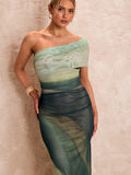 one shoulder ruched mesh ombre bodycon maxi dress with asymmetric neckline, cap sleeve drape, sheer mesh overlay, lined mini layer, high side slit and fitted column silhouette in pink, green and cream orange variants image 7