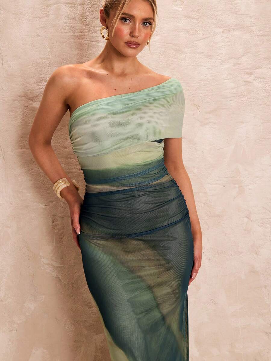one shoulder ruched mesh ombre bodycon maxi dress with asymmetric neckline, cap sleeve drape, sheer mesh overlay, lined mini layer, high side slit and fitted column silhouette in pink, green and cream orange variants image 7