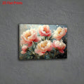 Pink peony floral wall art mounted on gray textured wall