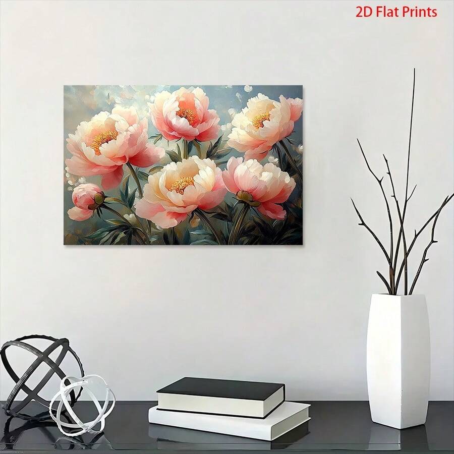 Peony canvas print styled with books vase and modern tabletop decor