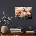 Pink floral canvas wall art on dark wall with cozy decor accents